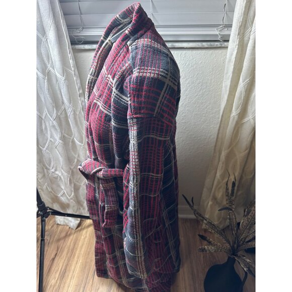 Men’s Majestic International Red & Gray Plaid Cotton Bathrobe O/S  Pockets Thick - Picture 6 of 10